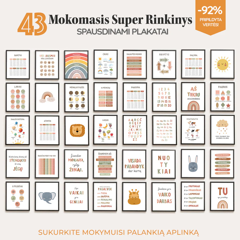 „Super komplektas“ 43 edukaciniai, motyvuojantys ir įkvepiantys plakatai vaiko kambario sienai