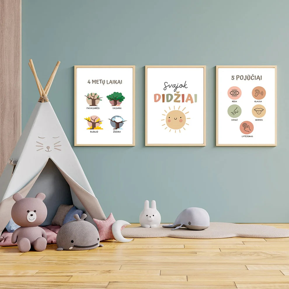 „Super komplektas“ 43 edukaciniai, motyvuojantys ir įkvepiantys plakatai vaiko kambario sienai