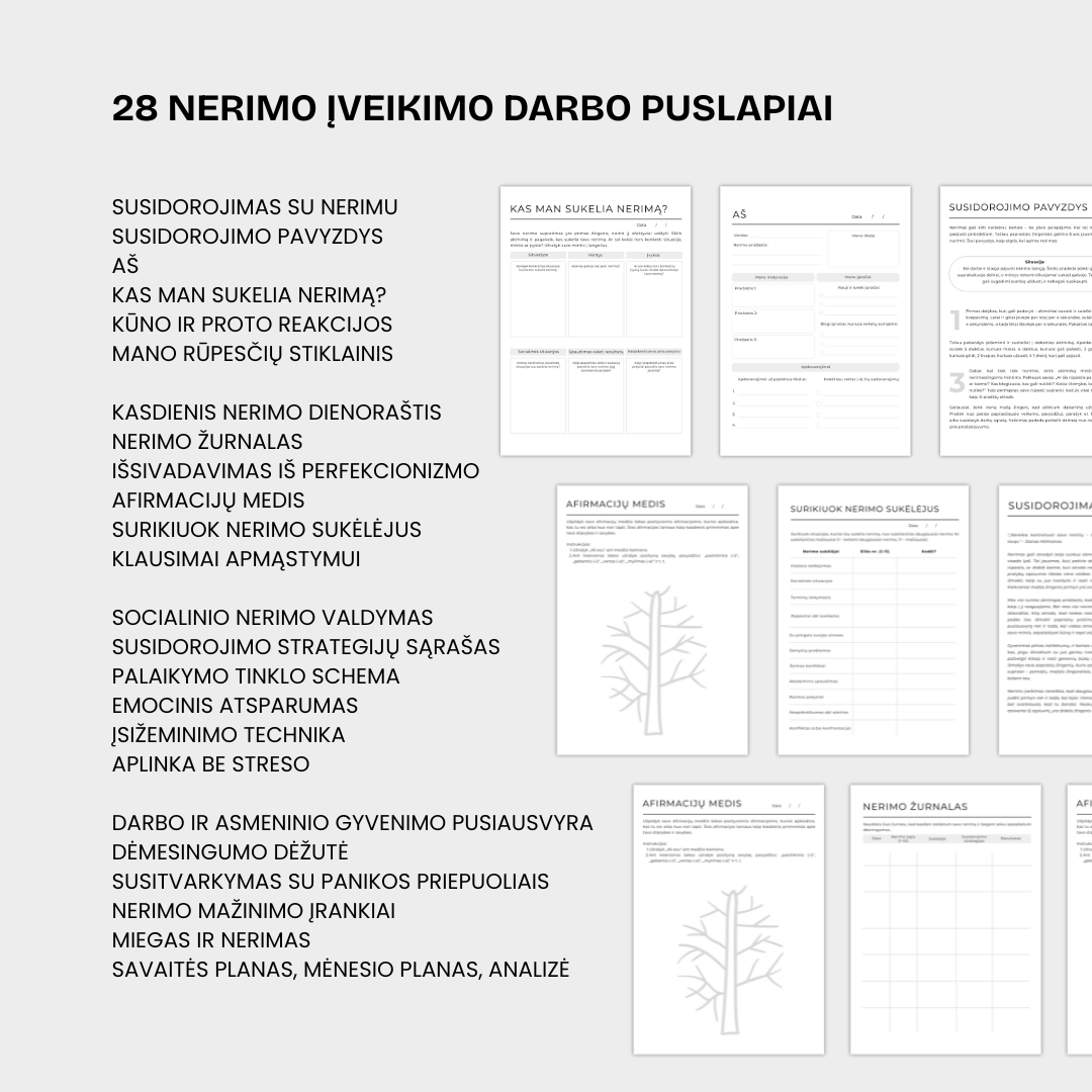 28 puslapių nerimo įveikimo pratybų sąsiuvinis
