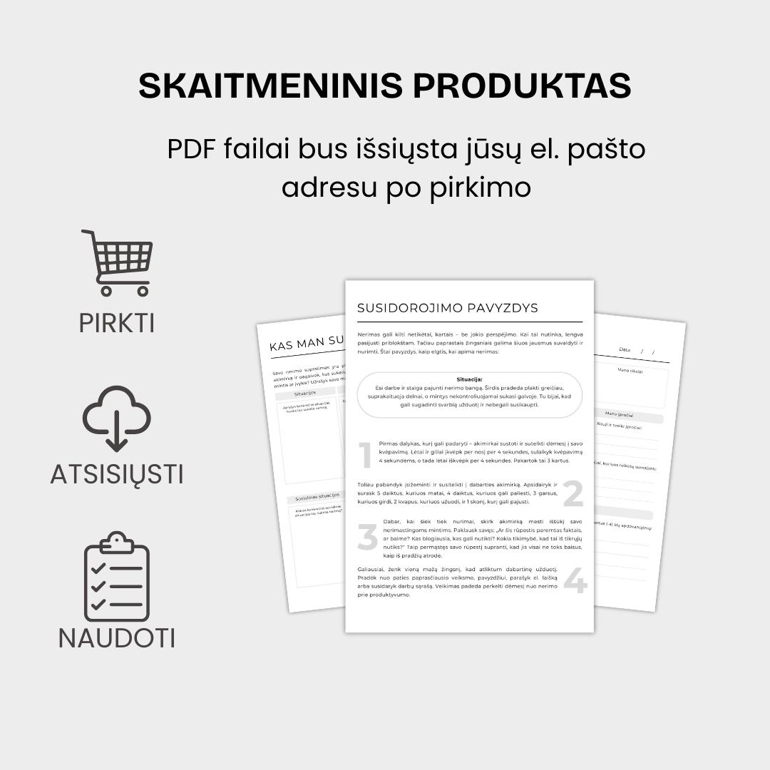 28 puslapių nerimo įveikimo pratybų sąsiuvinis