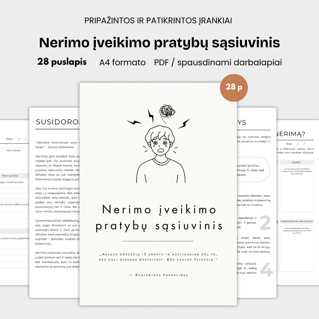 28 puslapių nerimo įveikimo pratybų sąsiuvinis