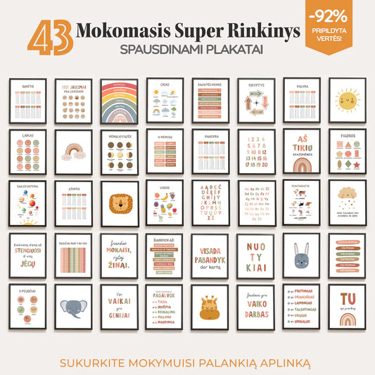 „Super komplektas“ 43 edukaciniai, motyvuojantys ir įkvepiantys plakatai vaiko kambario sienai